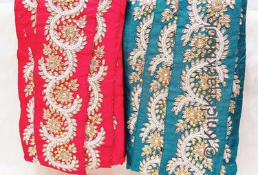 Green Silk Lace Trim With Floral Zardozi Hand Embroidery And White Beads & Indian Stones Kundan Embellishment, Approx. 80mm, Decorative Trim